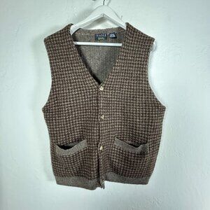 Vintage Trader Bay Mens Wool Houndstooth Knit Sweater Vest Large Brown Grandpa